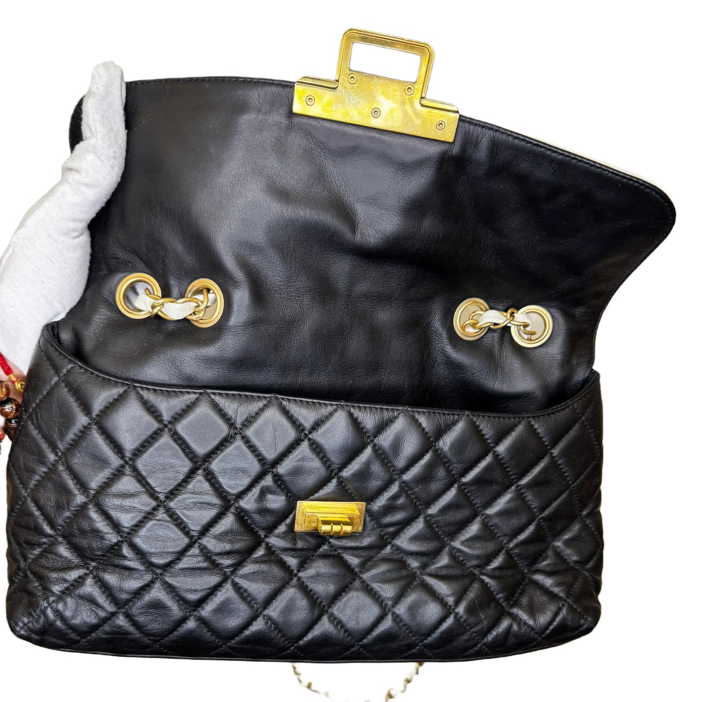 Chanel Glazed Calfskin 2.55 East West Mademoiselle Flap Black White B24-22