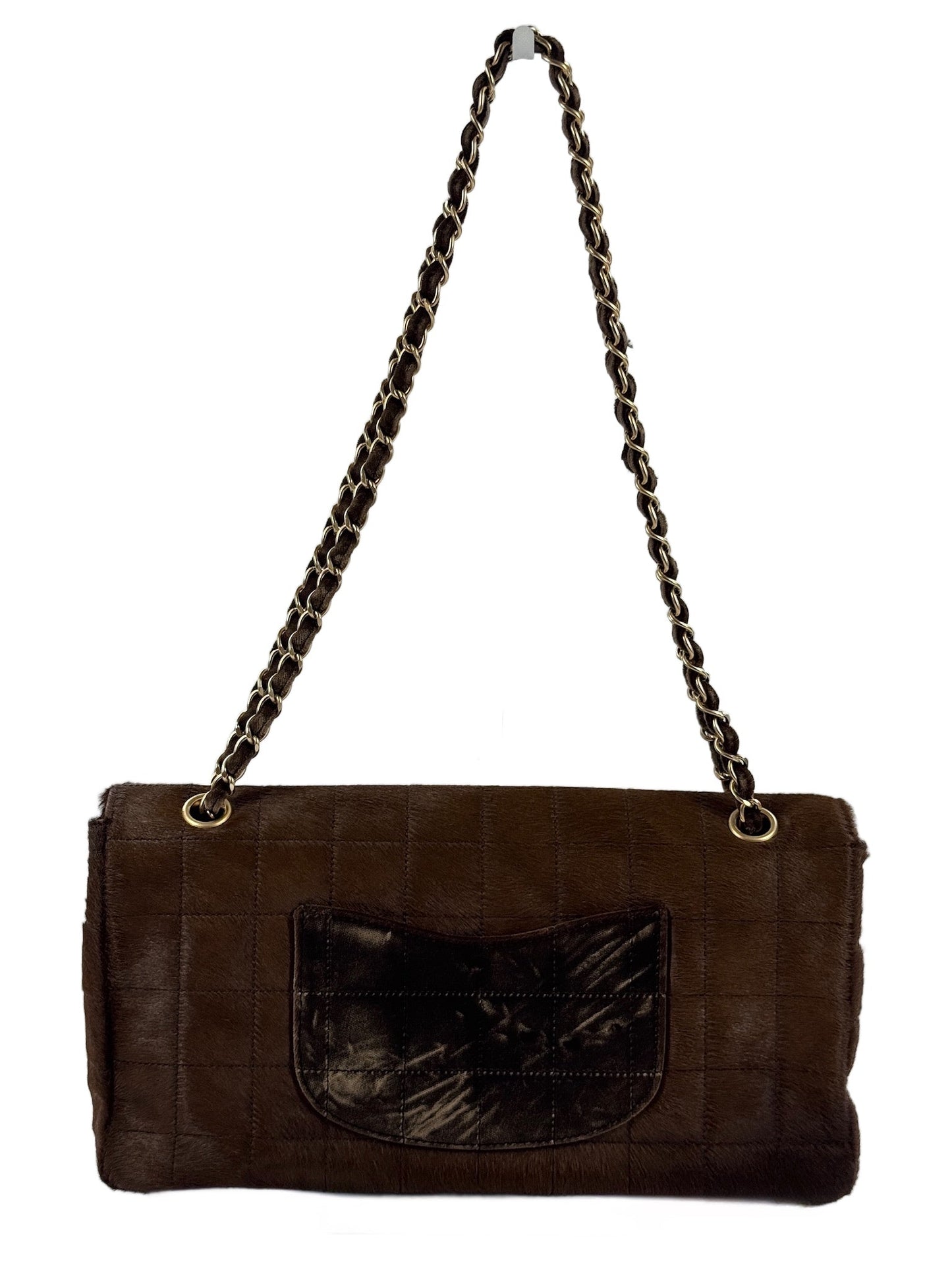 Chanel Vintage 00s Brown Pony Hair & Velour Chocolate Bar East West Flap Bag w Aged Gold Hardware