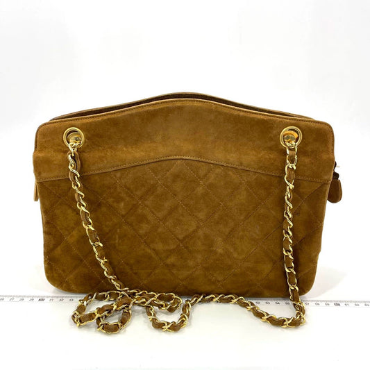 Chanel Matelasse Tan Brown Suede Gold Double Chain Coco Charm Medium Shoulder Bag