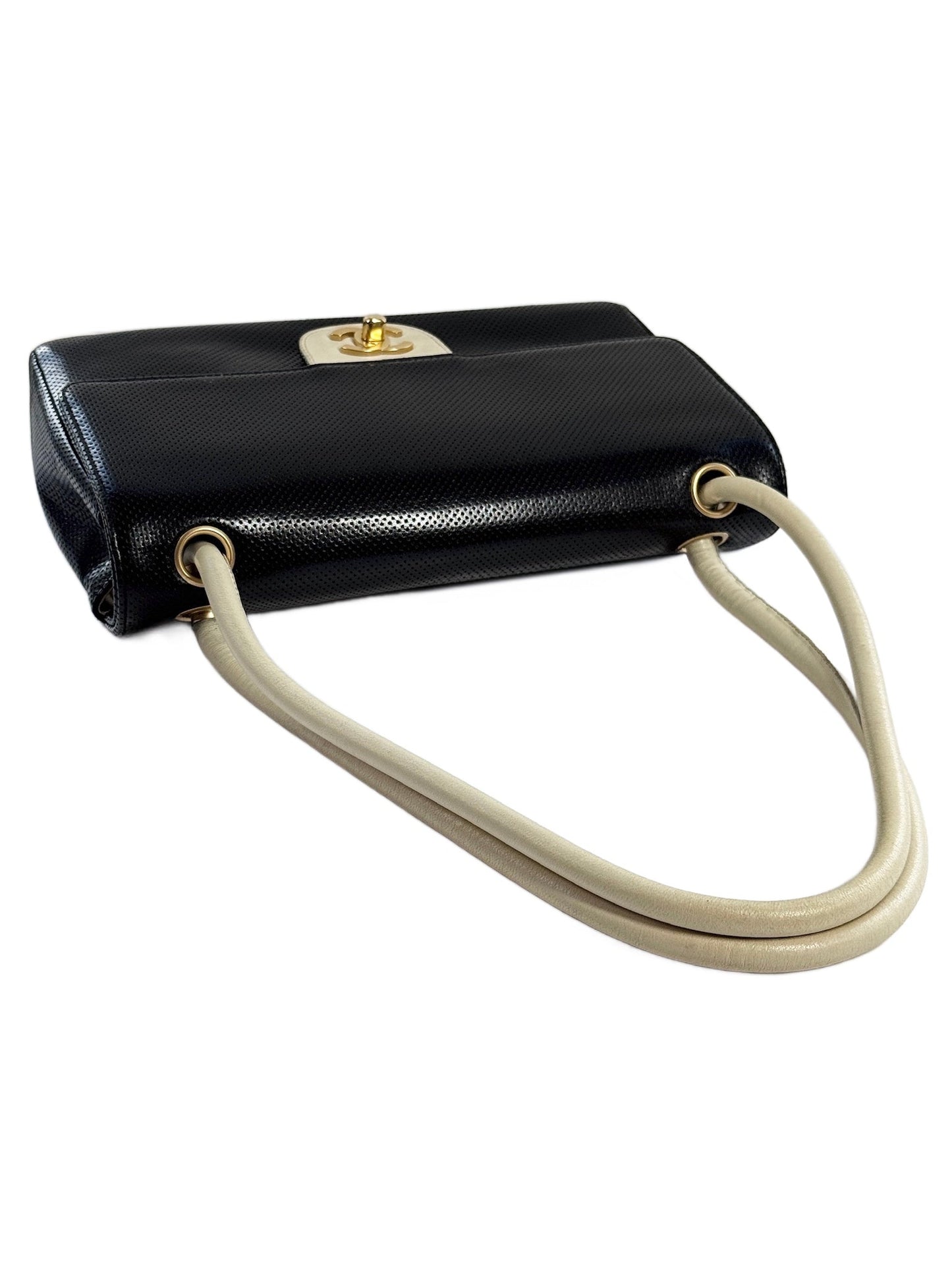 Chanel Vintage 00s Two-Toned Black & White Perforated Leather Classic Flap Bag w Aged Gold Hardware