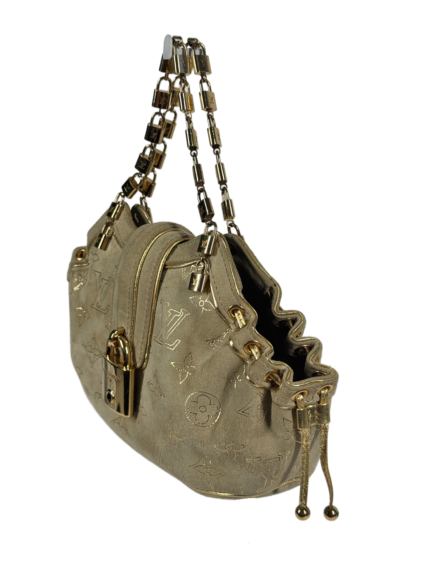 Louis Vuitton Vintage 2004 Beige Suede Gold Monogram Theda Mini Logo Lock Bag