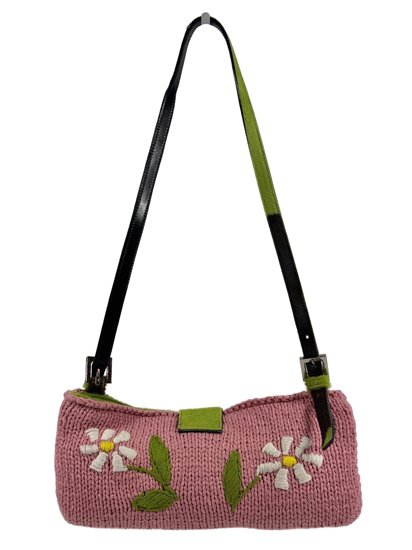 Fendi Vintage Pink Knit Floral Green Cow Print Pony Hair Trim Shoulder Baguette Bag