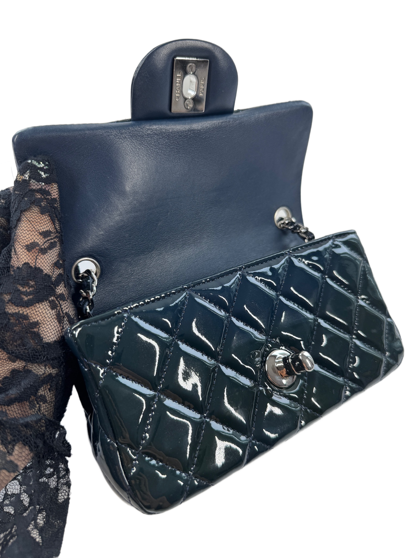 Chanel Turquoise Blue Quilted Patent Leather Extra Mini Classic Flap Crossbody Bag