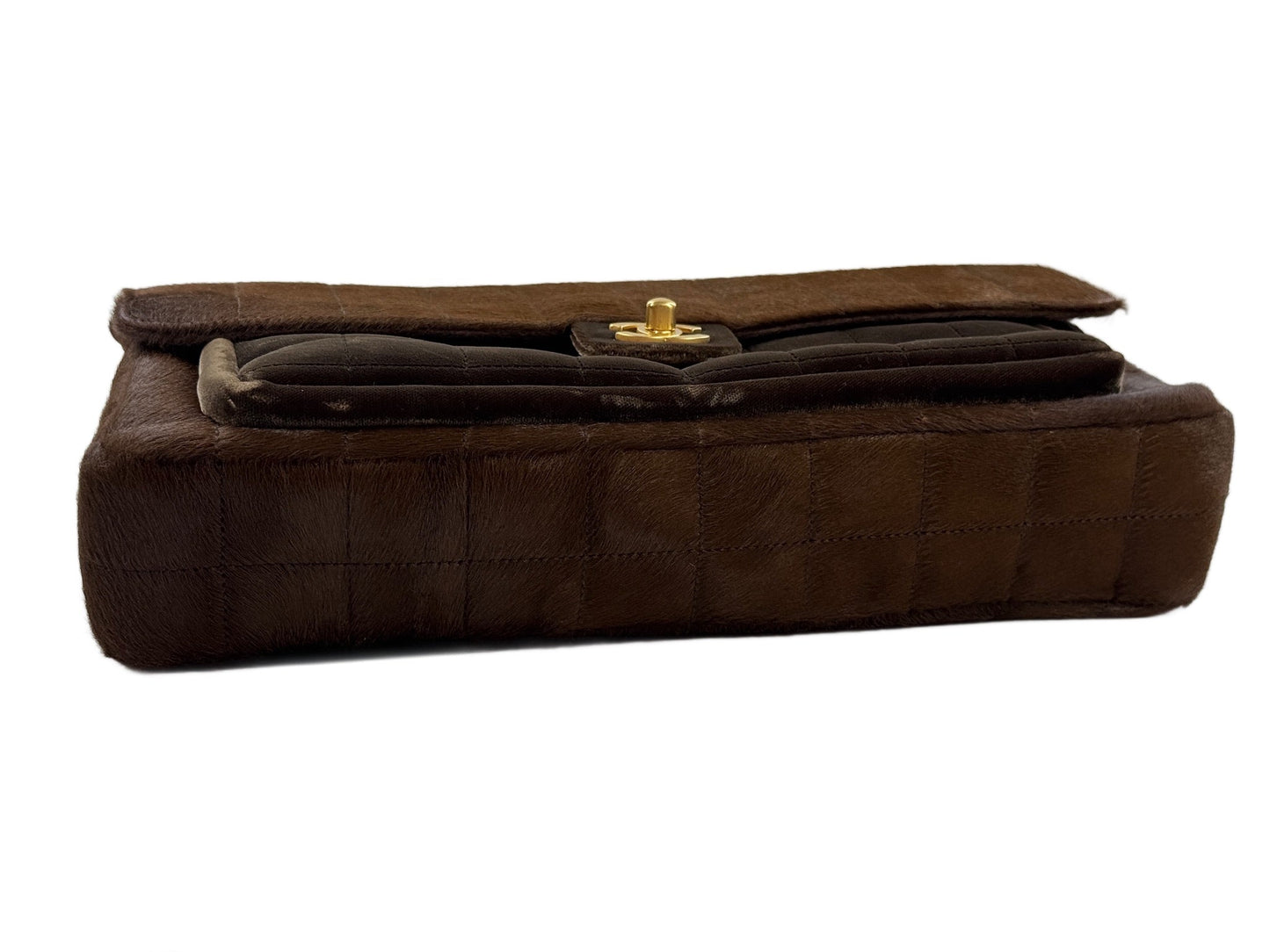Chanel Vintage 00s Brown Pony Hair & Velour Chocolate Bar East West Flap Bag w Aged Gold Hardware