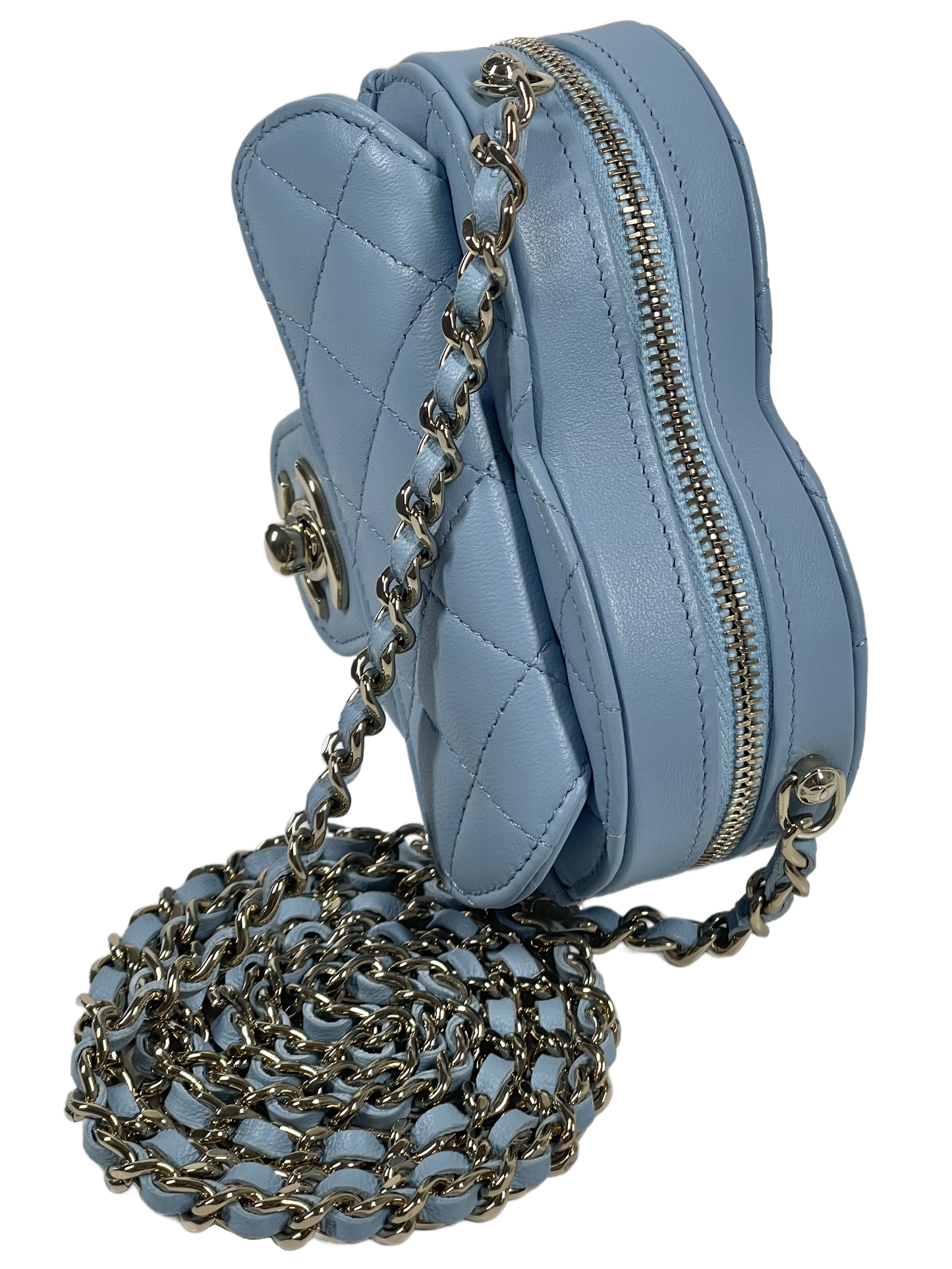 Chanel 22S Baby Blue Quilted Lambskin Small Heart Bag Clutch with on Chain