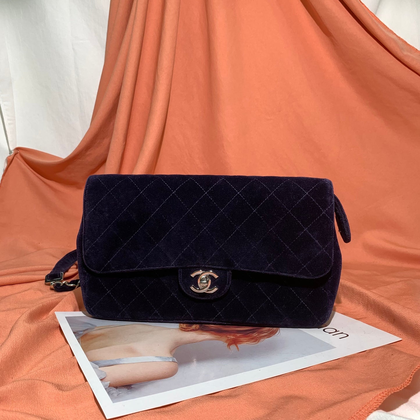 Chanel Navy Velvet Shoulder Flap Blackpack Vintage Silver HW, 1996