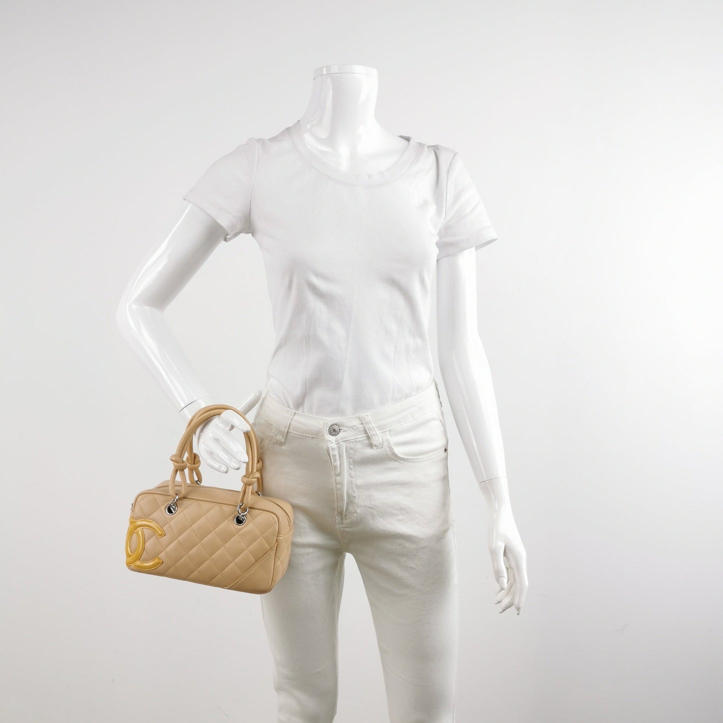 Chanel Cambon Small Shoulder Bag Beige Calfskin Leather Double Strap