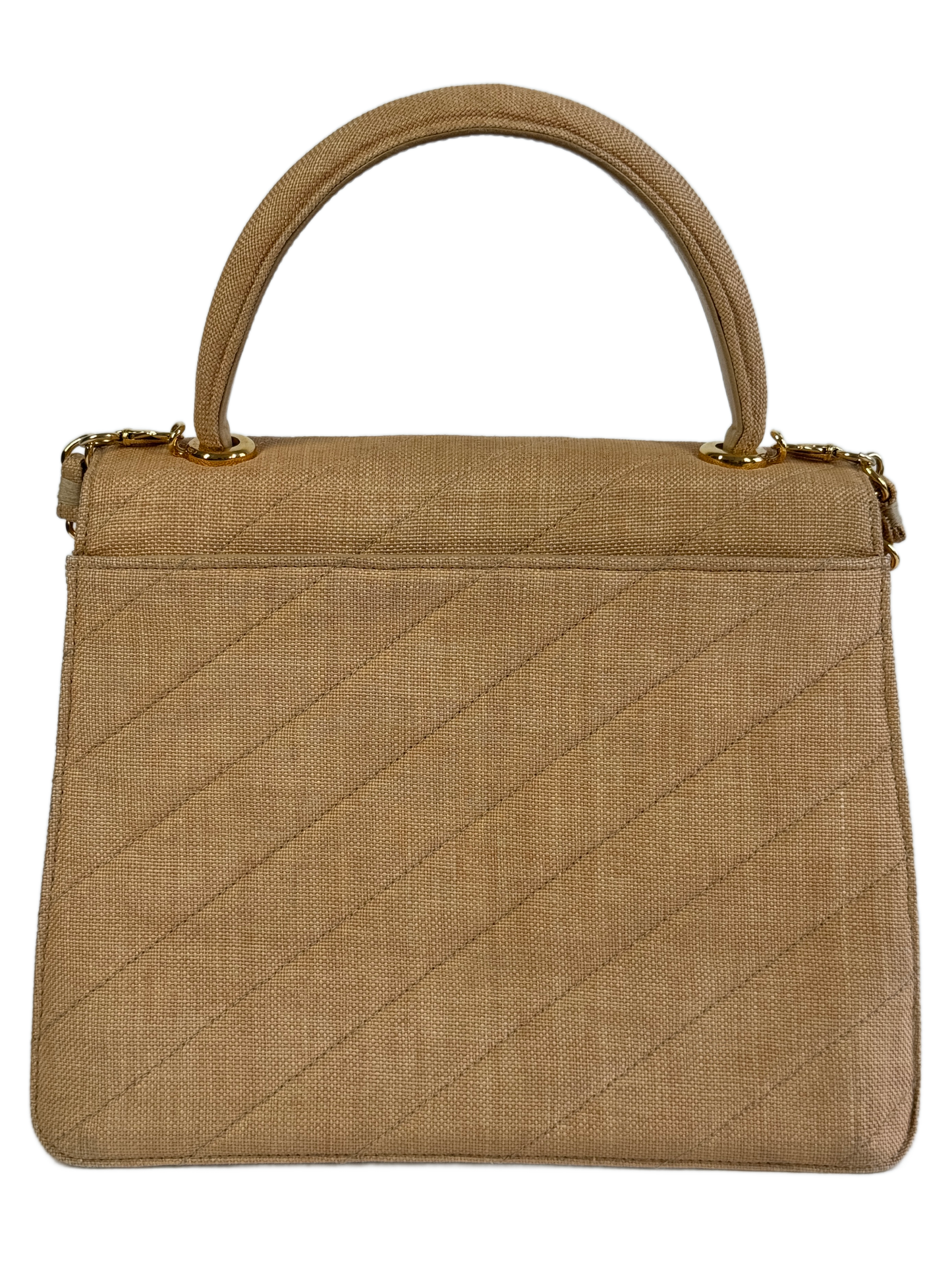 Chanel Vintage 90s Beige Linen Medium Kelly Top Handle & Shoulder Bag