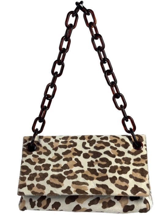 Prada Vintage White & Brown Pony Hair Leopard Resin Tortoise Chain Link Handle Shoulder Bag