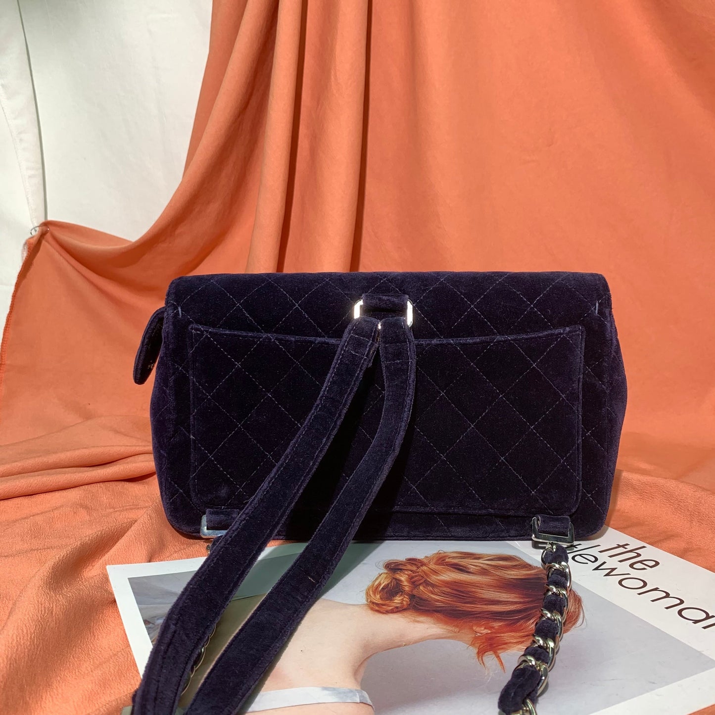 Chanel Navy Velvet Shoulder Flap Blackpack Vintage Silver HW, 1996