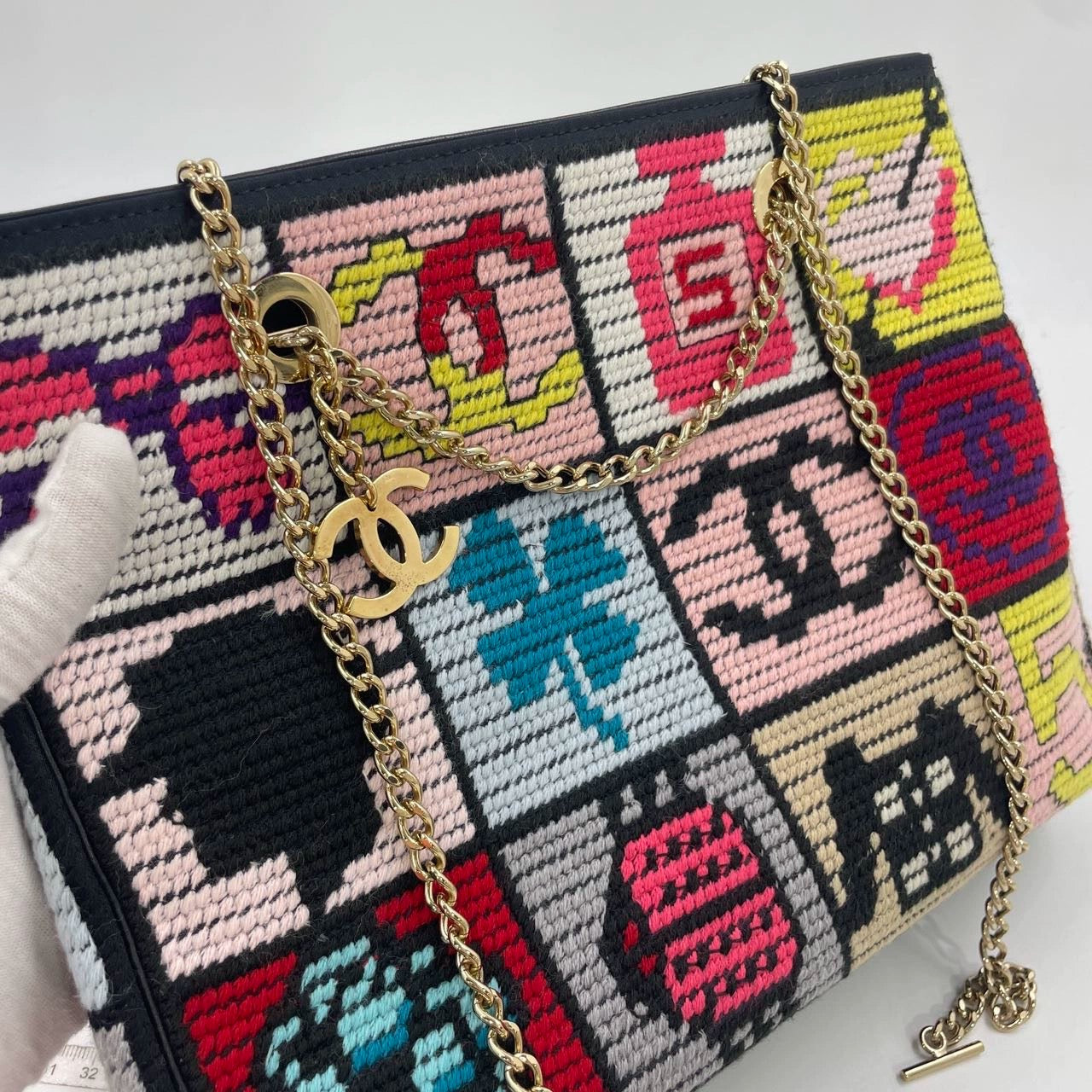 Rare Chanel Precious Symbols Needlepoint Shoulder Bag Shopper Tote