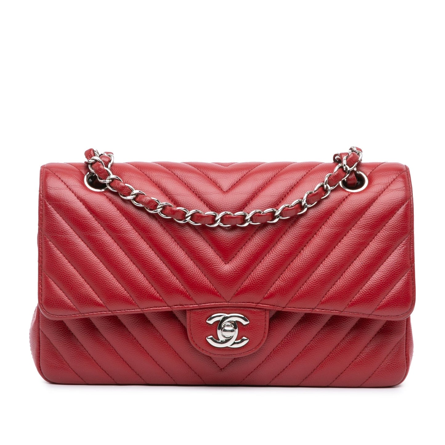 Red Chanel Medium Classic Chevron Caviar Double Flap Shoulder Bag