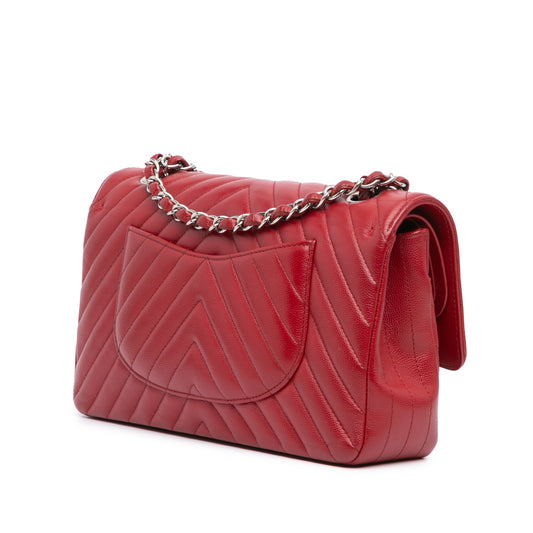 Red Chanel Medium Classic Chevron Caviar Double Flap Shoulder Bag