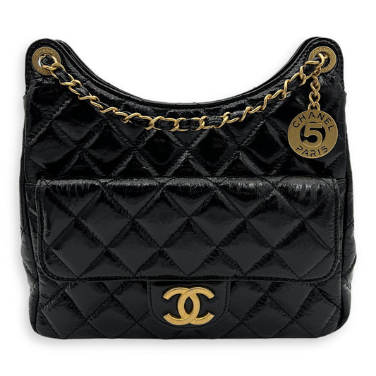 Hobo Black Shoulder Bag in Crinkled Calfskin, Gold hardware