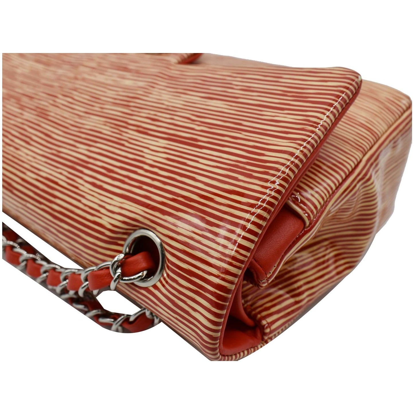 CHANEL Women Classic Medium Double Flap Striped Patent Leather Shoulder Bag White/Red