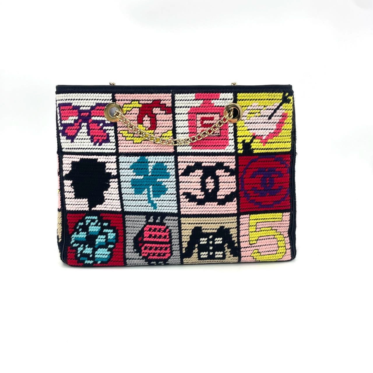 Rare Chanel Precious Symbols Needlepoint Shoulder Bag Shopper Tote