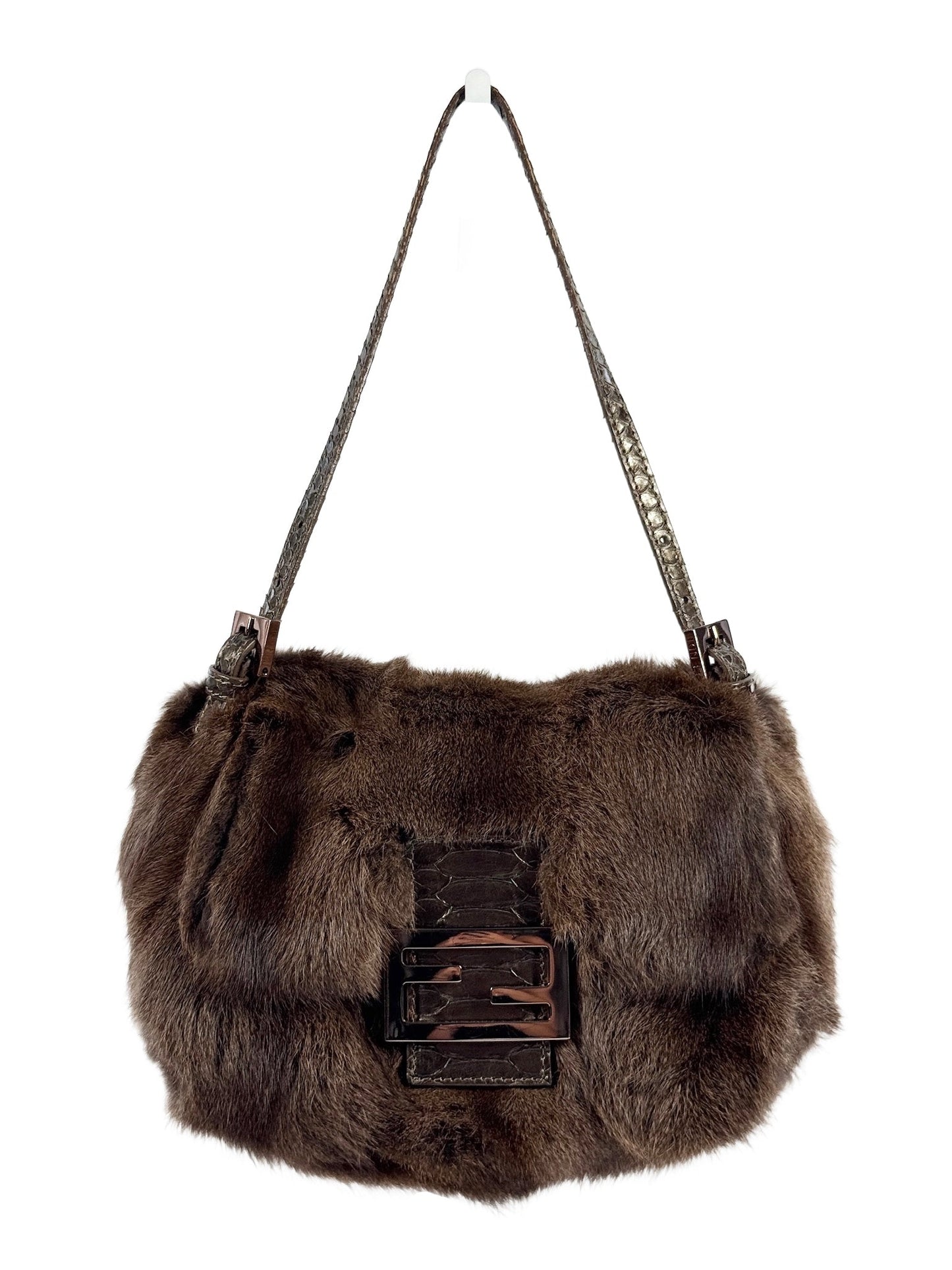 Fendi Brown Rabbit Fur Snakeskin Trim Mini Mamma Baguette Shoulder Bag