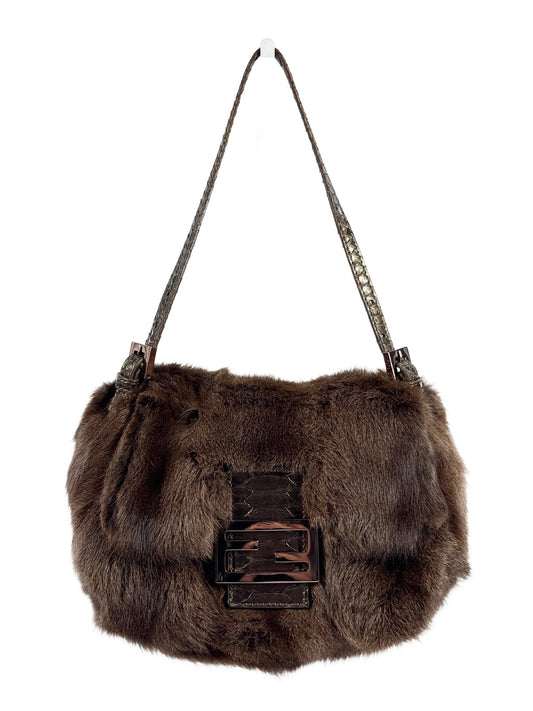 Fendi Brown Rabbit Fur Snakeskin Trim Mini Mamma Baguette Shoulder Bag