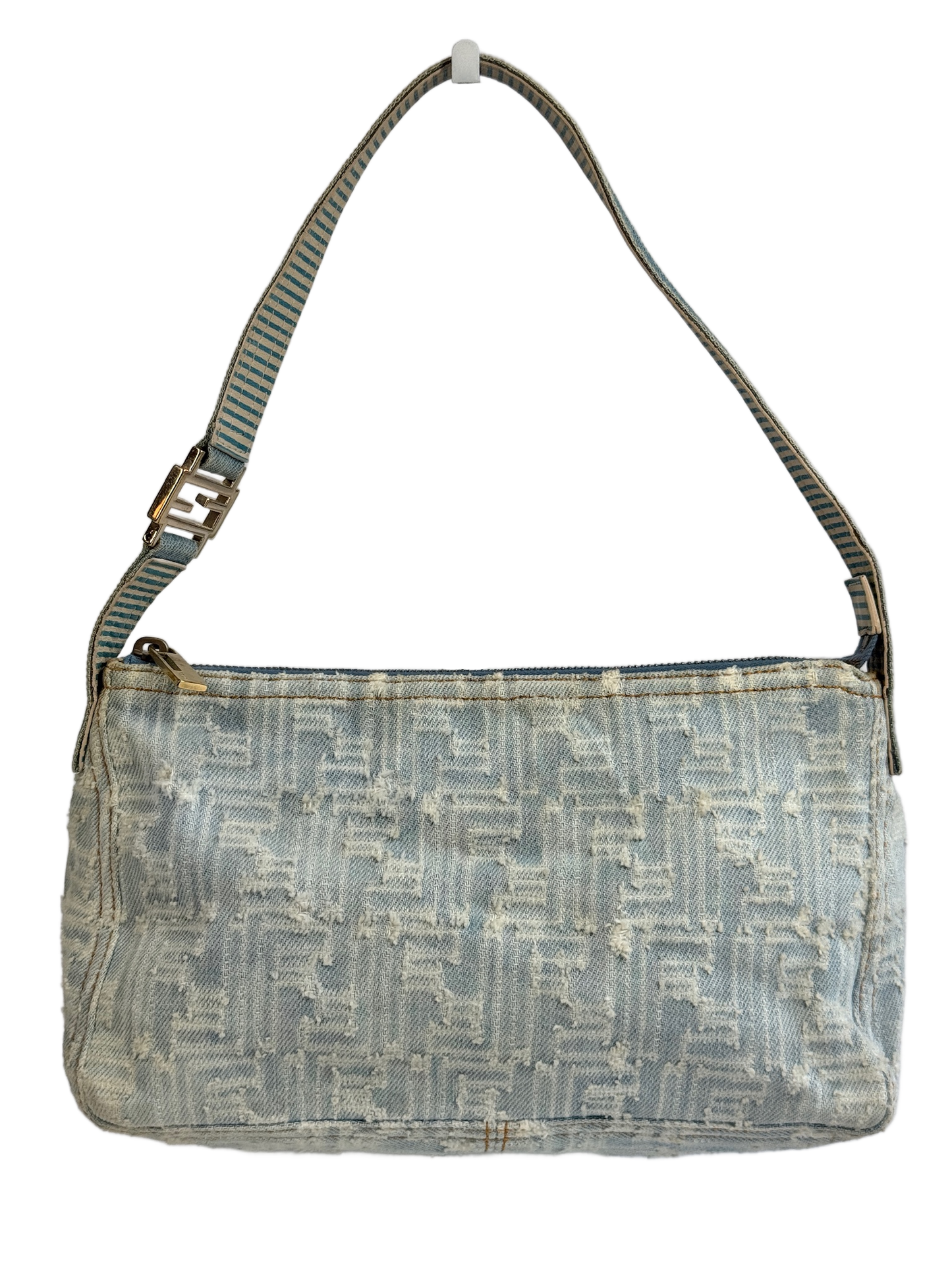 Fendi Vintage Light Blue Zucca Monogram Denim Small Shoulder Pochette Bag