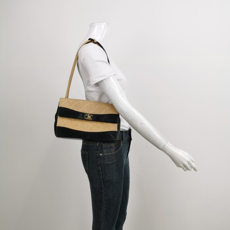 Chanel Matelasse 2.55 Bi-color Beige and Black Lambskin Leather Strap Shoulder Bag, 2000-2002