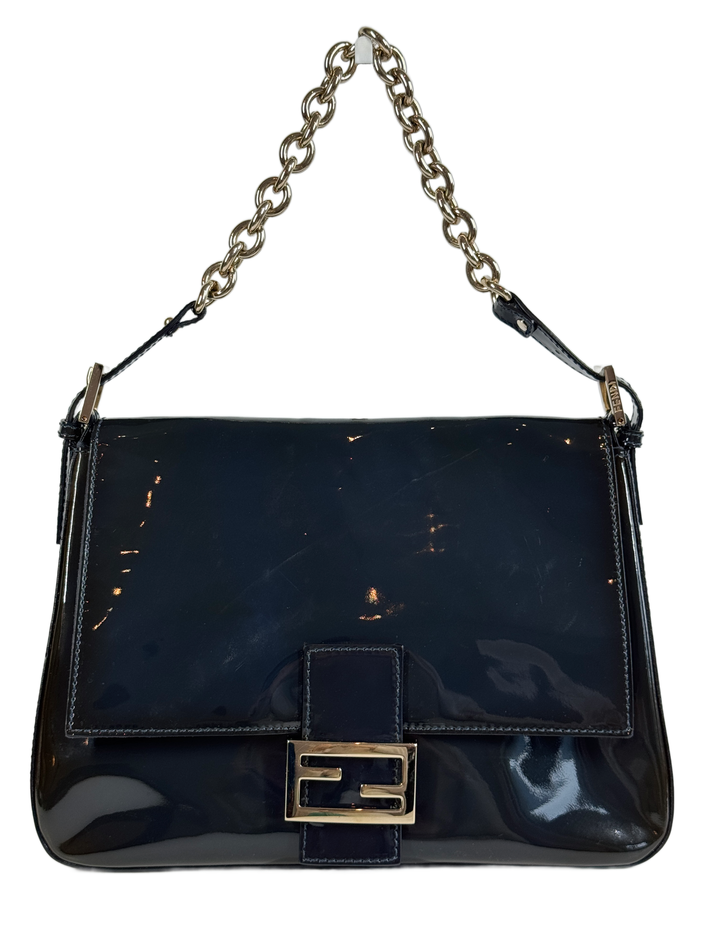 Fendi Navy Blue Patent Leather Forever Mama Baguette Chain Strap Shoulder Bag