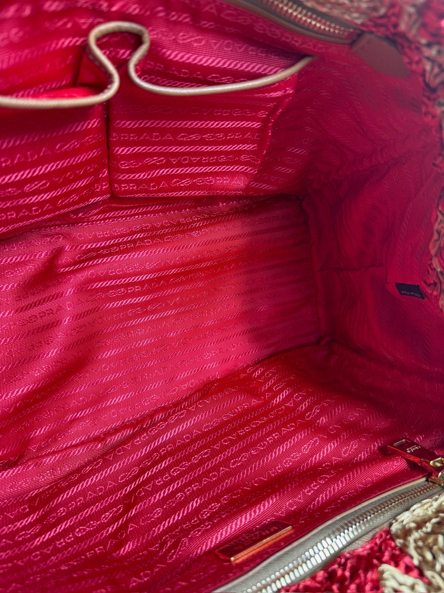 Prada 2012 Red & Brown Crochet Raffia Medium Canapa Tote Bag