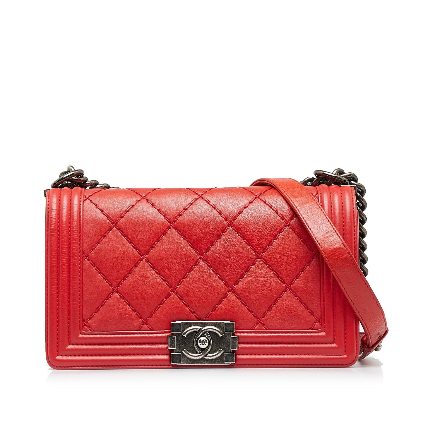 Red Chanel Small Calfskin Double Stitch Boy Flap Shoulder Bag