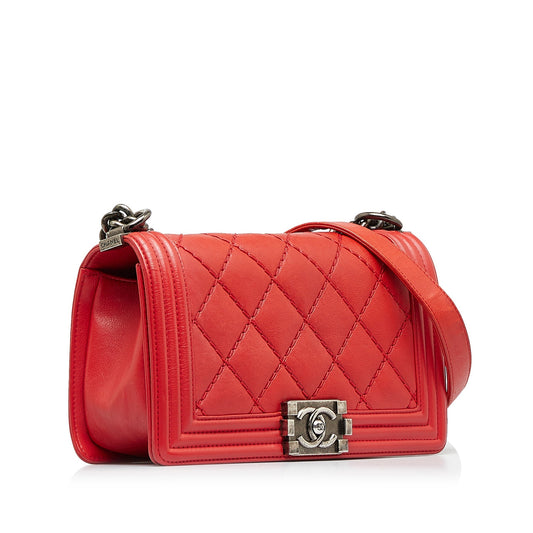 Red Chanel Small Calfskin Double Stitch Boy Flap Shoulder Bag