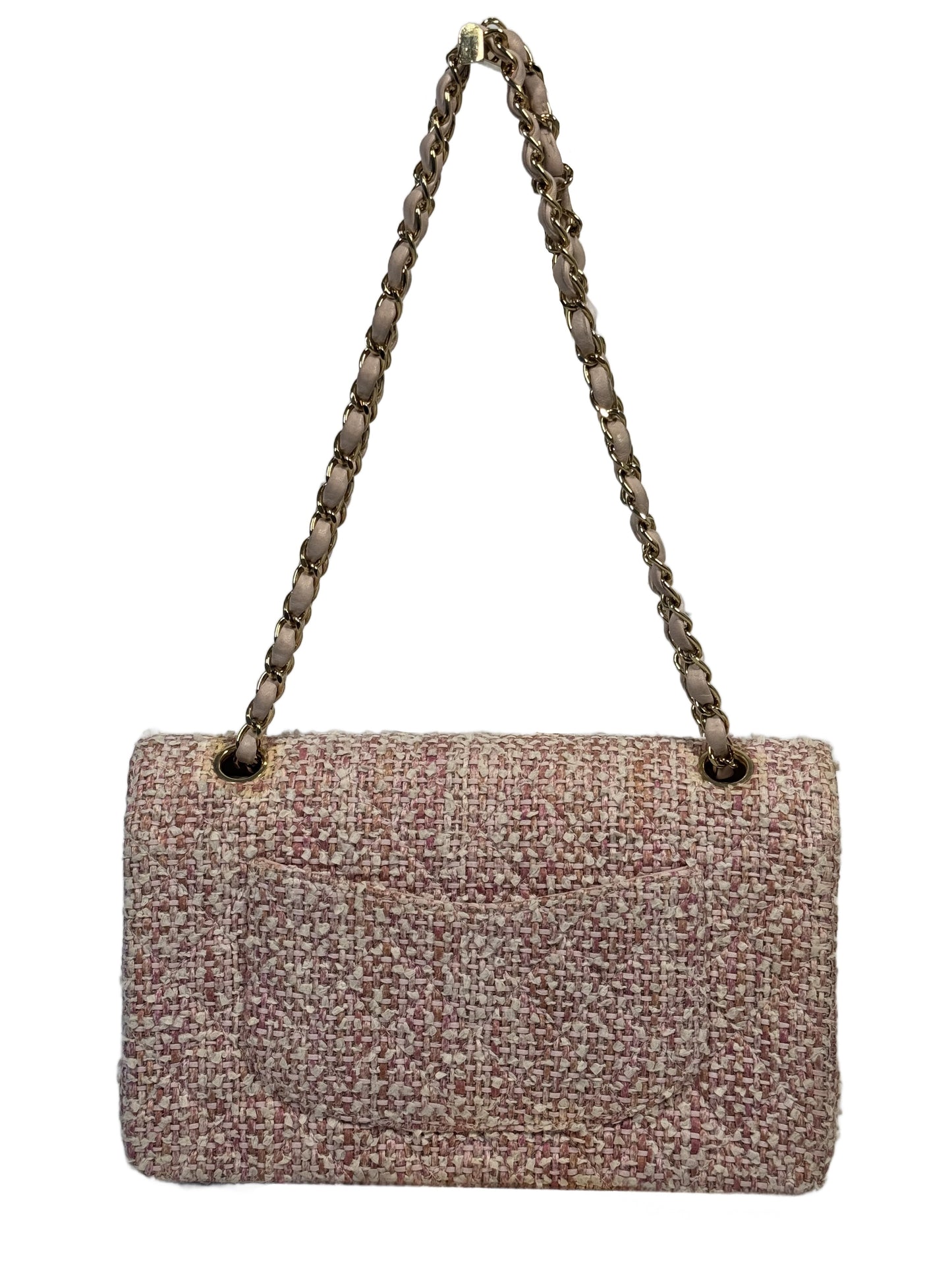Chanel Vintage 2003 Baby Pink Tweed Medium Classic Double Flap Bag w 24K Gold Plated Hardware