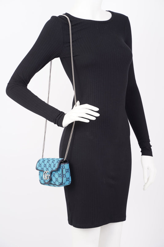 Gucci Womens GG Marmont Quilted Flap Bag Blue Canvas Super Mini