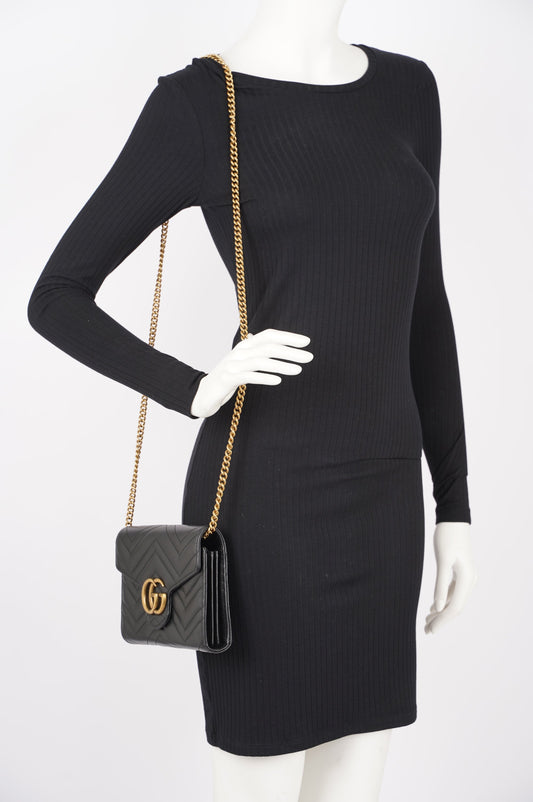 Gucci Womens Marmont Flap Black / Gold Matelasse Mini