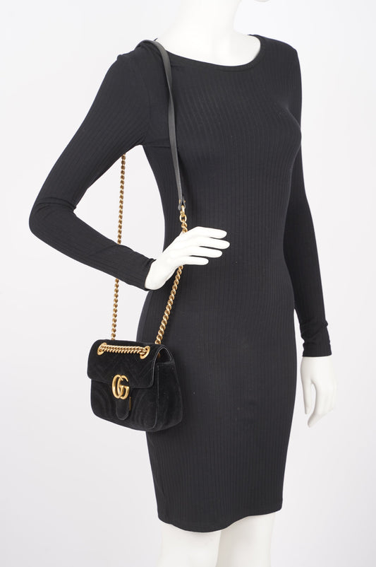 Gucci Womens Marmont Flap Bag Black Velvet Mini