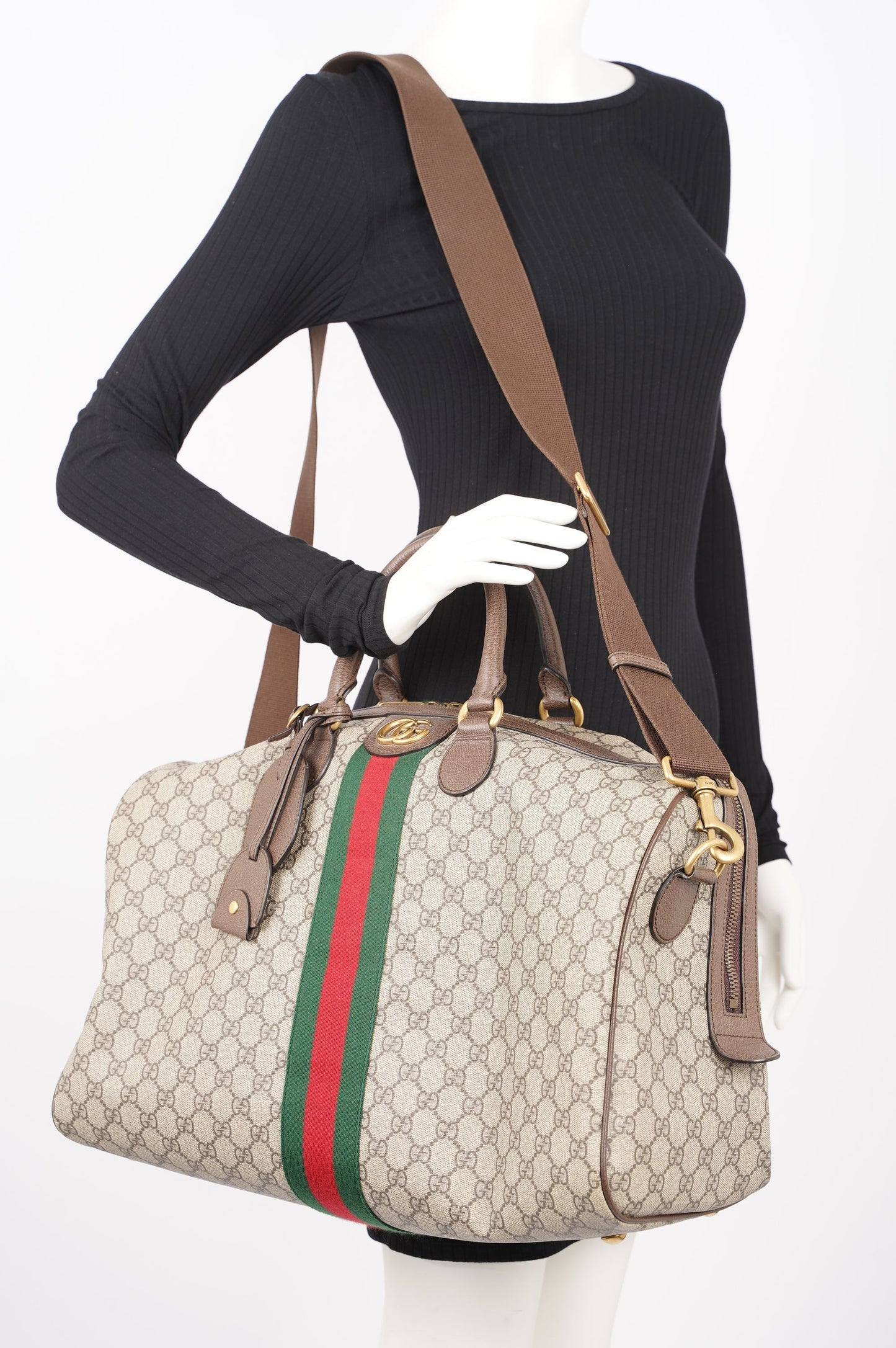Gucci Womens Ophidia Carry On Duffle Bag Brown Canvas Medium