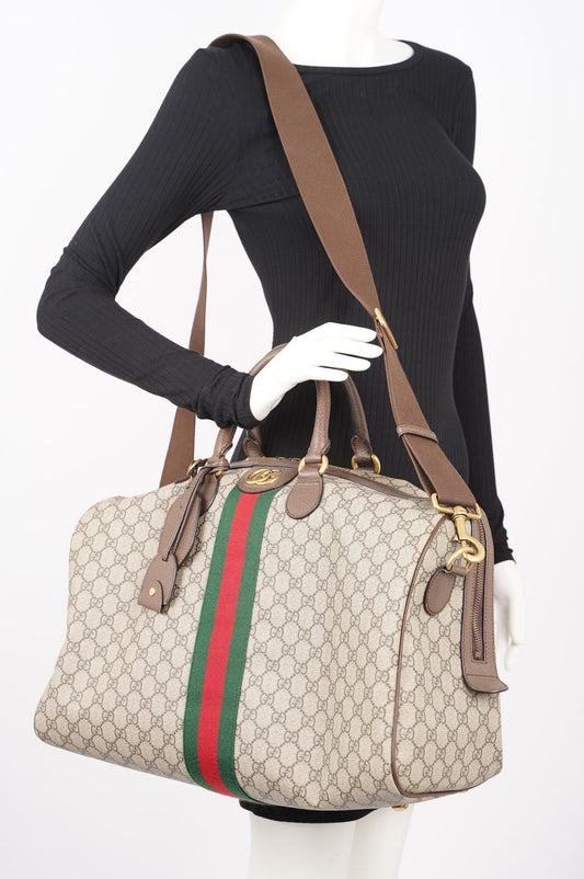 Gucci Womens Ophidia Carry On Duffle Bag Brown Canvas Medium