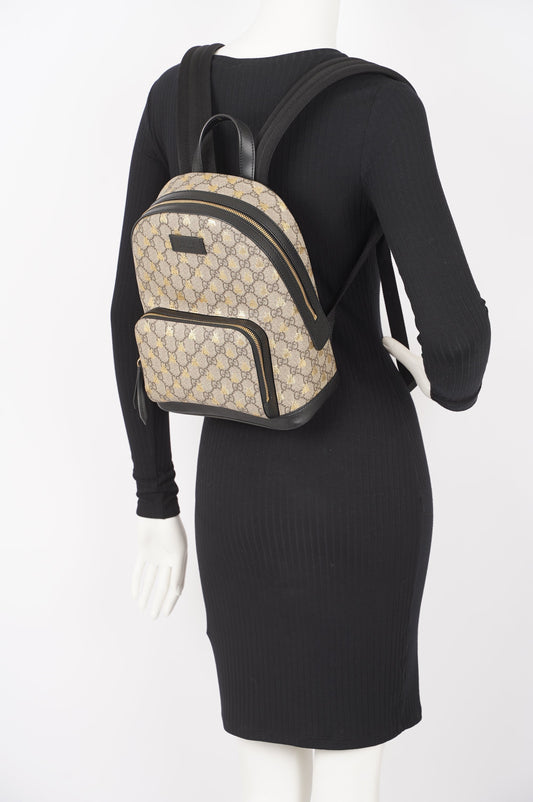 Gucci Womens GG Supreme Bees Backpack Brown / Gold Canvas Small
