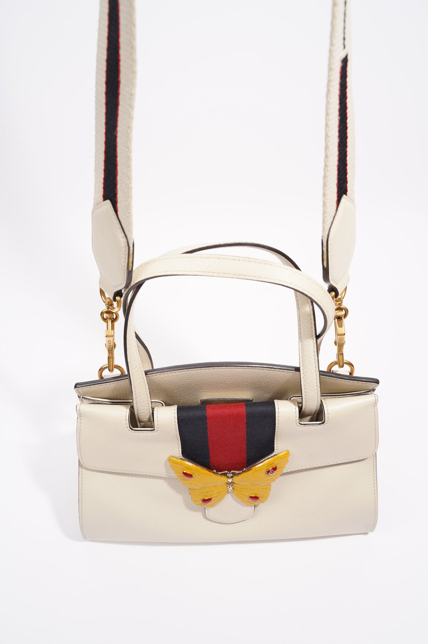 Gucci Totem Web Stripped Butterfly Bag White Leather Medium