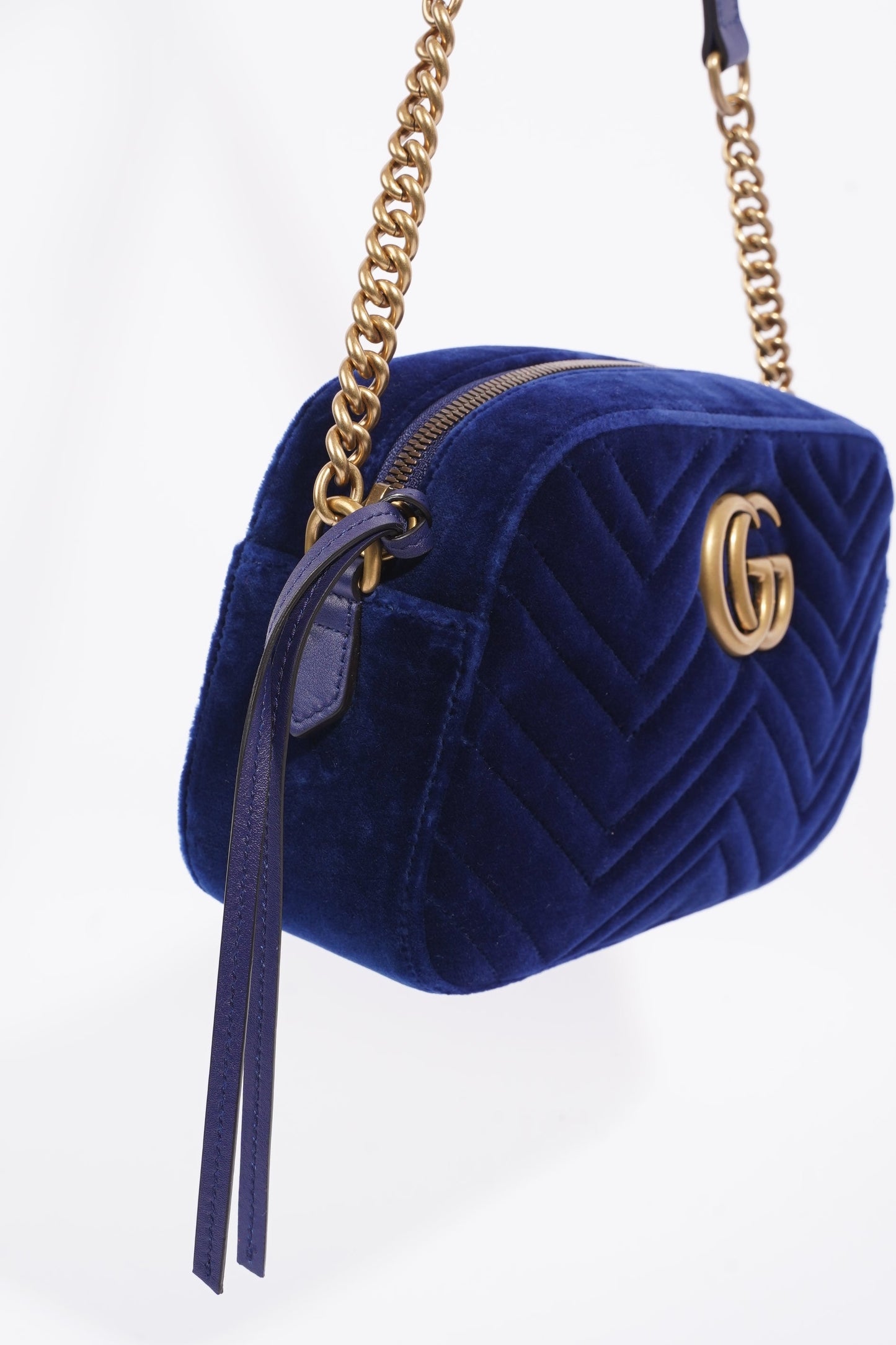 Gucci Womens Matelasse GG Marmont Bag Blue Velvet Small