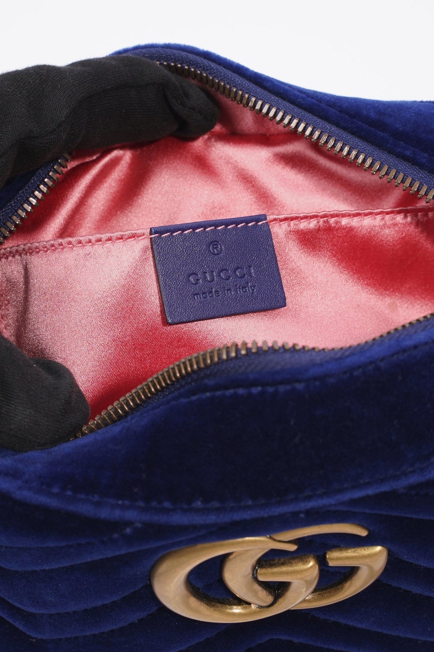 Gucci Womens Matelasse GG Marmont Bag Blue Velvet Small