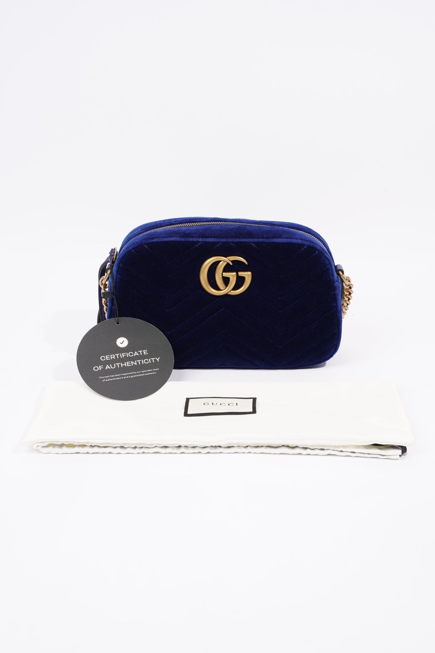 Gucci Womens Matelasse GG Marmont Bag Blue Velvet Small