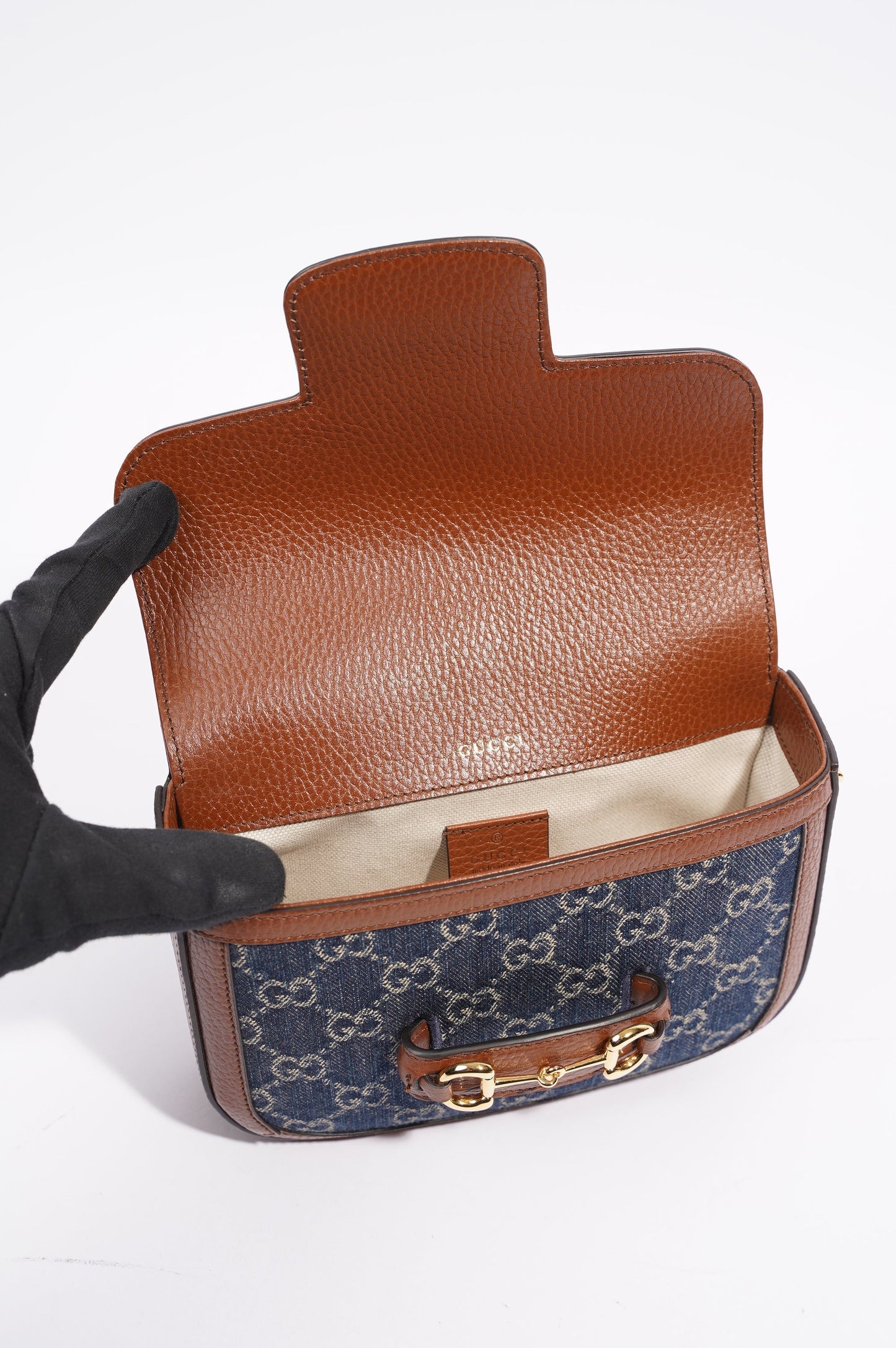 Gucci Womens Horsebit 1955 Mini Bag Denim / Brown