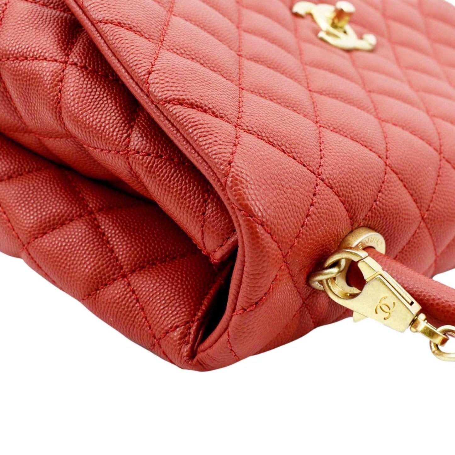 CHANEL Medium Coco Quilted Caviar Leather Top Handle Shoulder Bag Red