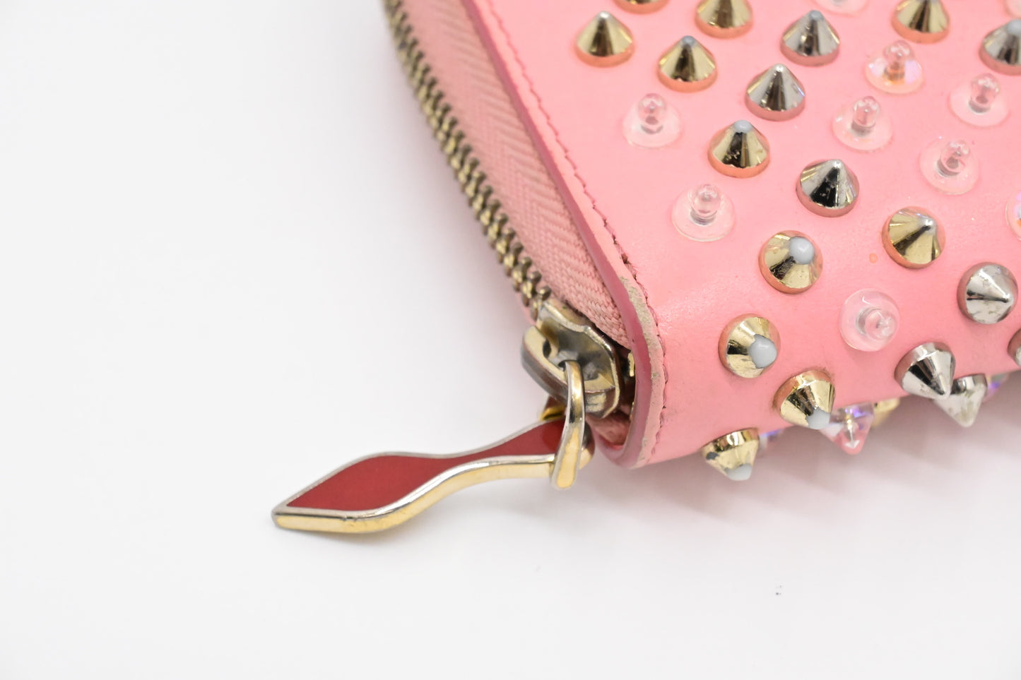 Louboutin Studded Long Zippy Wallet in Light Pink Leather
