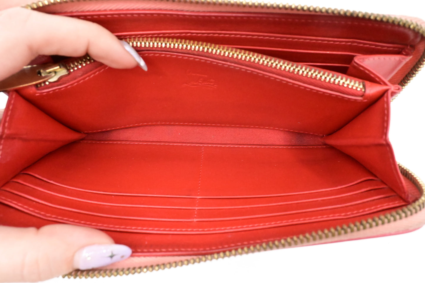 Louboutin Studded Long Zippy Wallet in Light Pink Leather