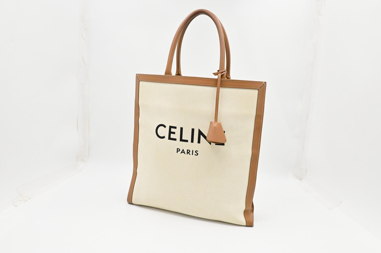 Celine Tote Bag in White Canvas and Brown Leather
