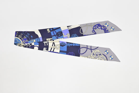 Hermes 'Tours des Cles' Twilly in Blue and Grey Silk
