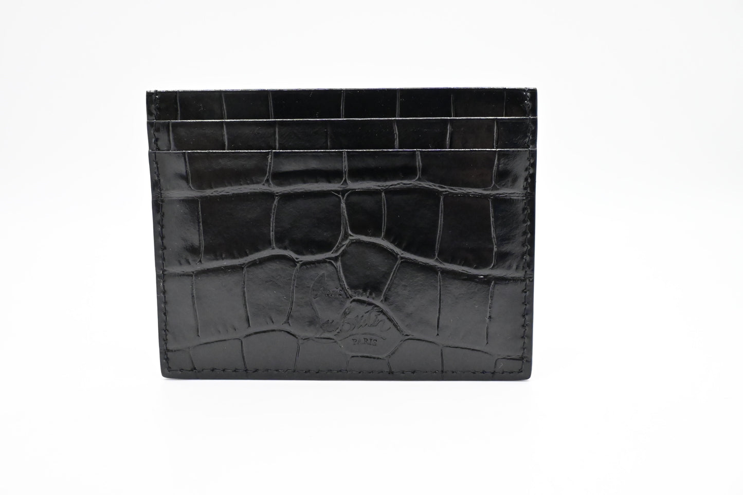 Louboutin Studded Card Case in Black Alligator Embossed Calf Leather