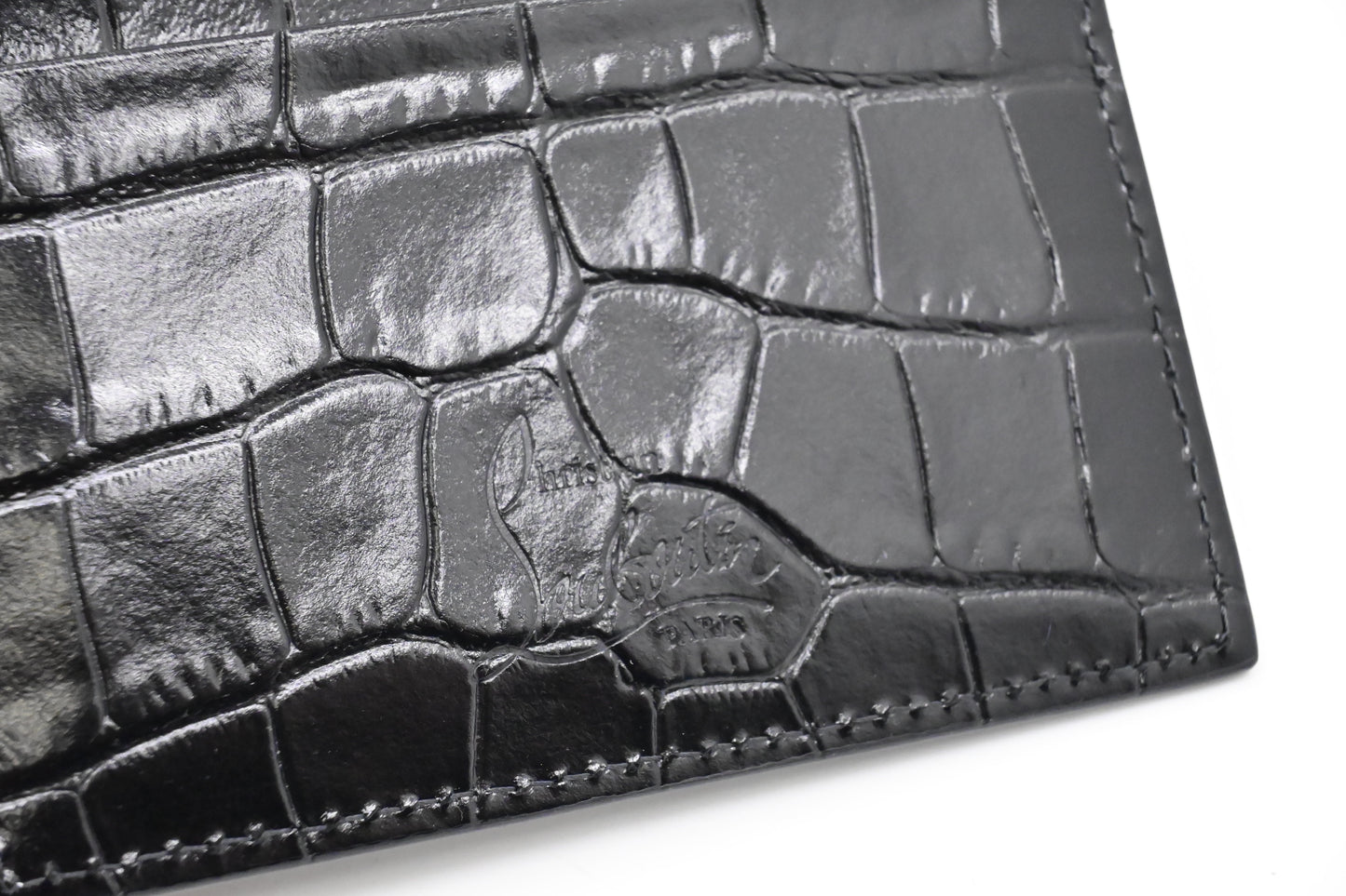 Louboutin Studded Card Case in Black Alligator Embossed Calf Leather