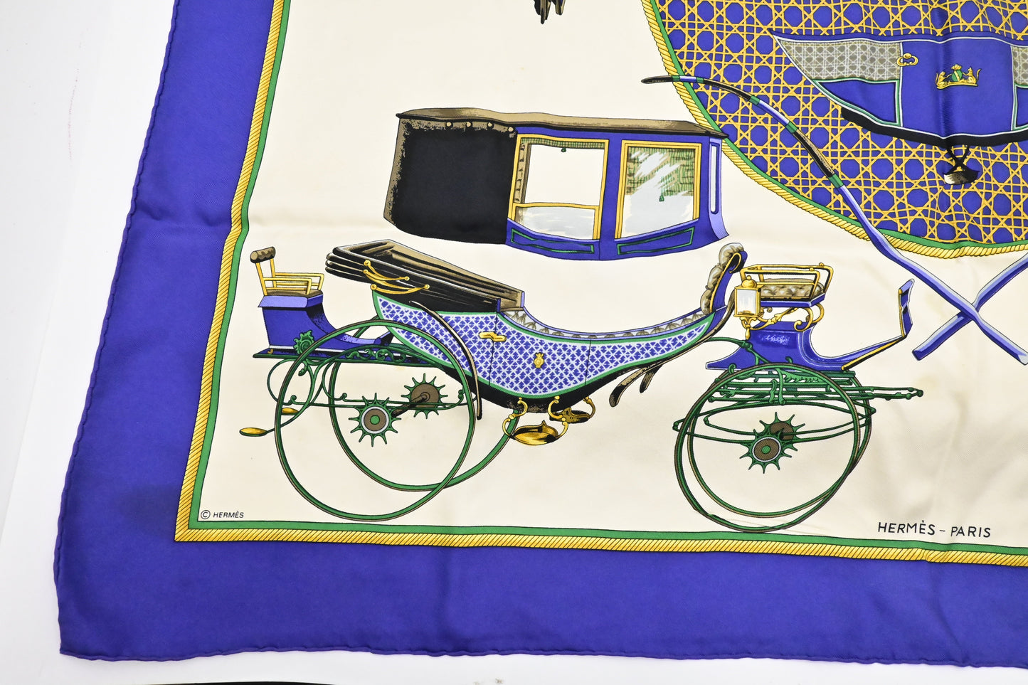 Hermes 'Les Voitures A Transformation' Carre 90 in Blue Silk