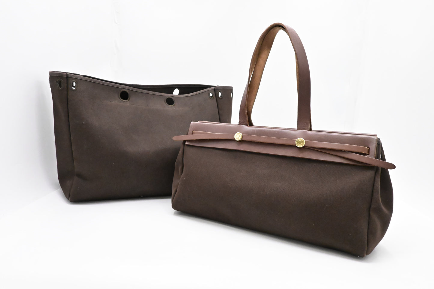 Hermes Herbag Cabas 40 in Brown Leather & Canvas