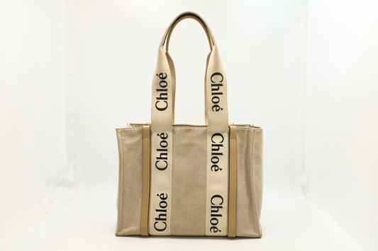 Chloe Woody Medium Tote in Beige Canvas